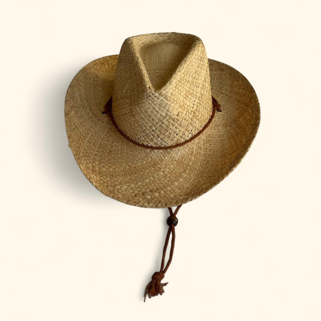 Straw Cowboy Hat with Strap in Cream and Brown