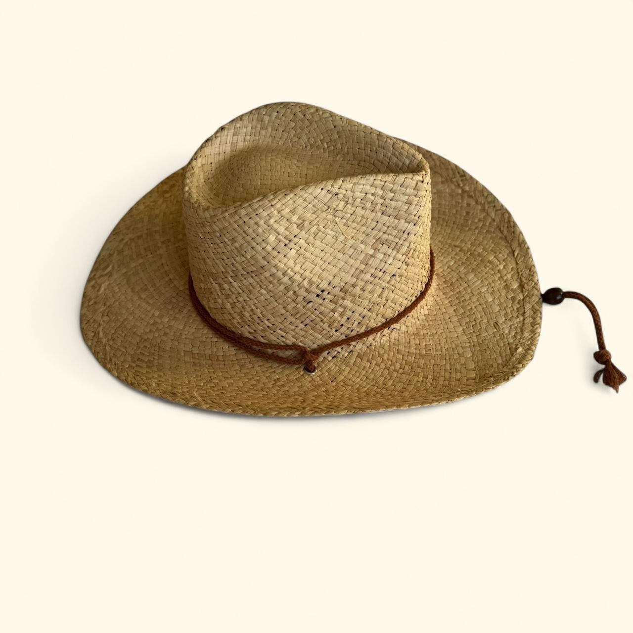 Straw Cowboy Hat with Strap in Cream and Brown