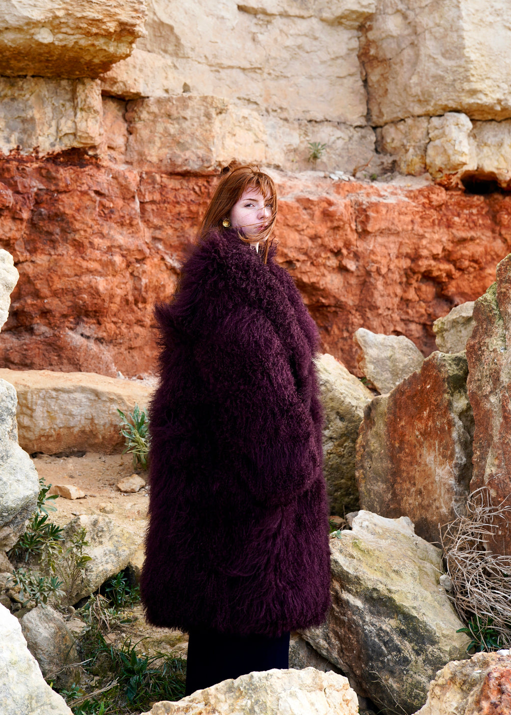 Mongolian Long Skijor Coat in Cherry