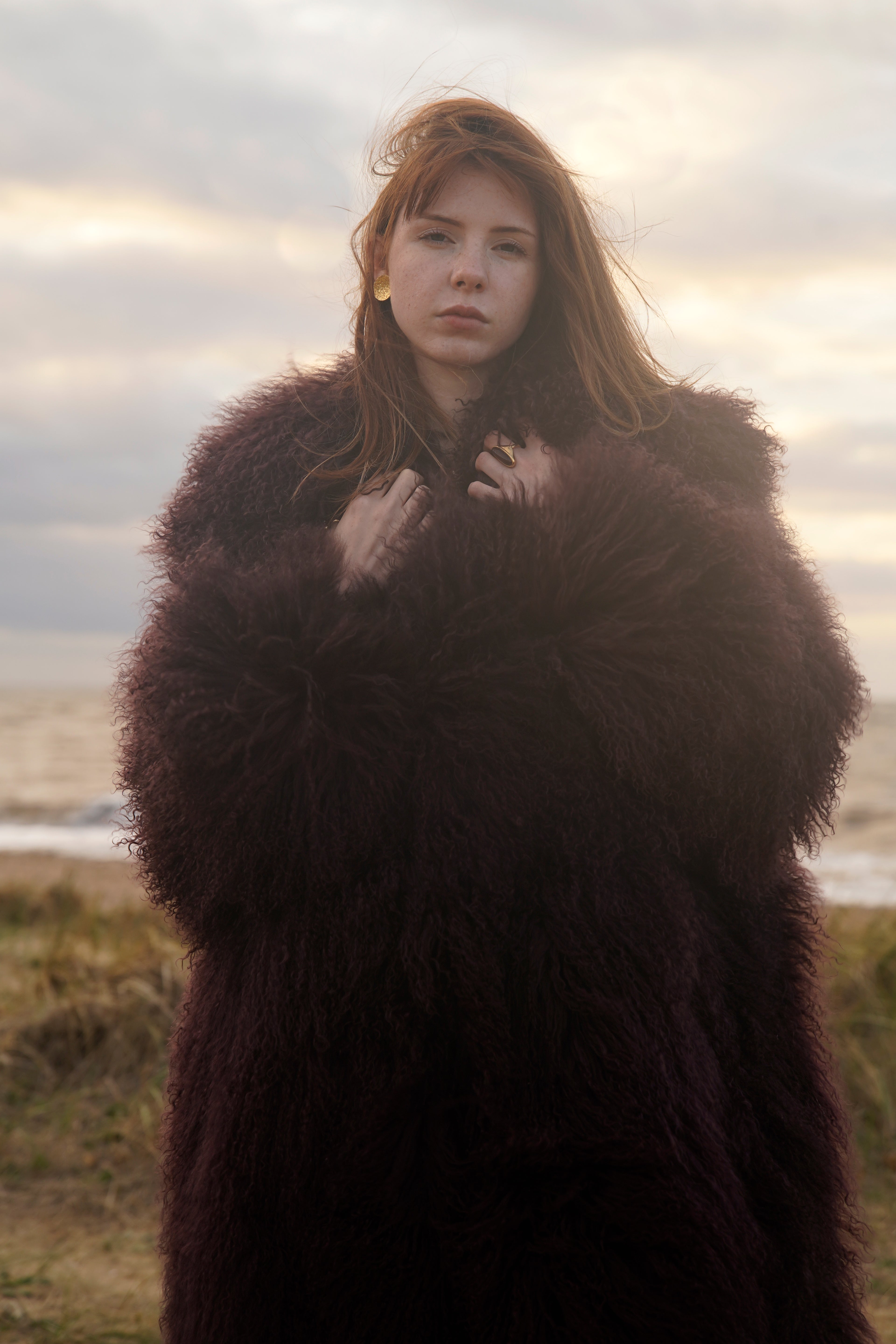 Mongolian Long Skijor Coat in Cherry