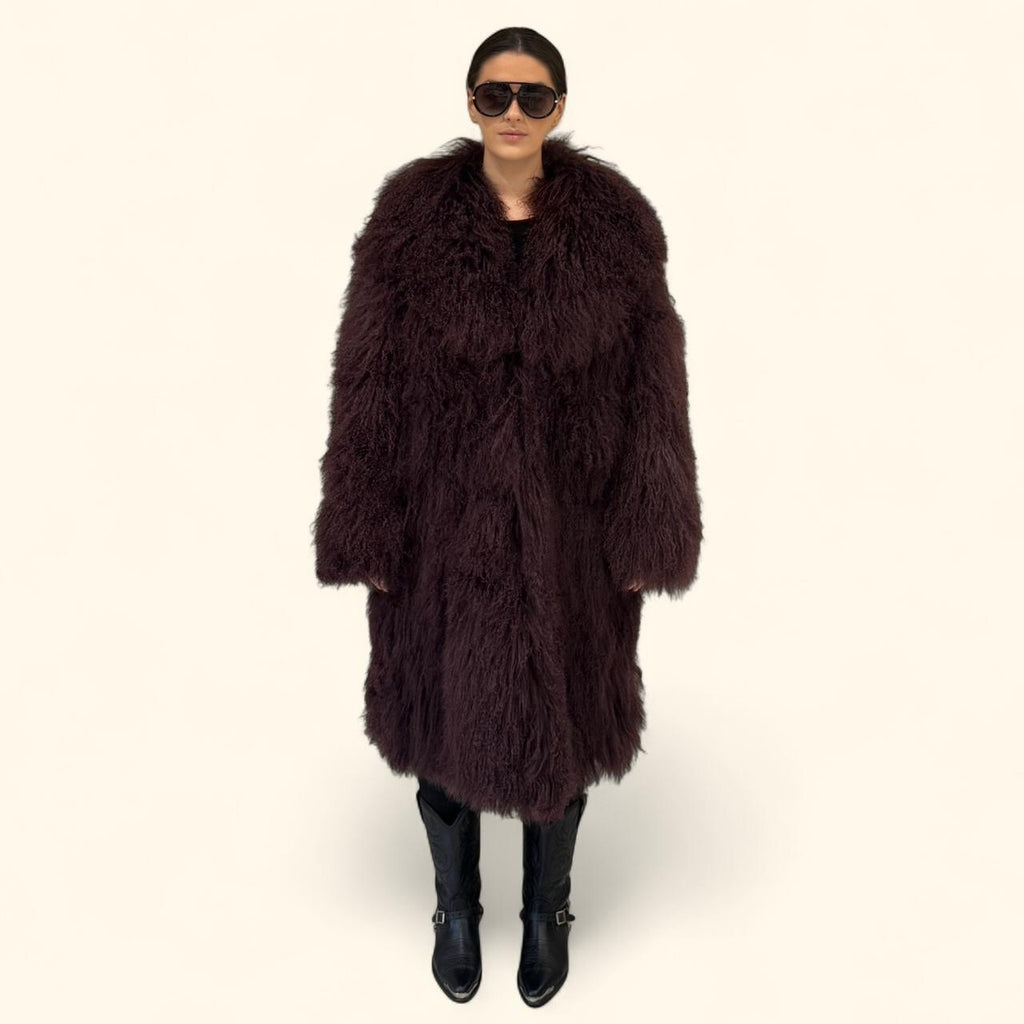 Mongolian Long Skijor Coat in Cherry