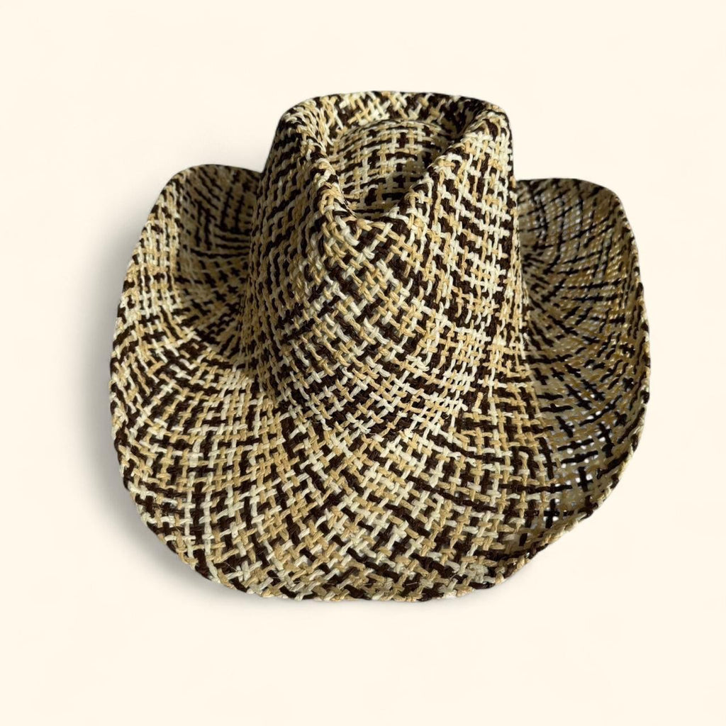 Woven Raffia Cowboy Hat in Cream and Brown