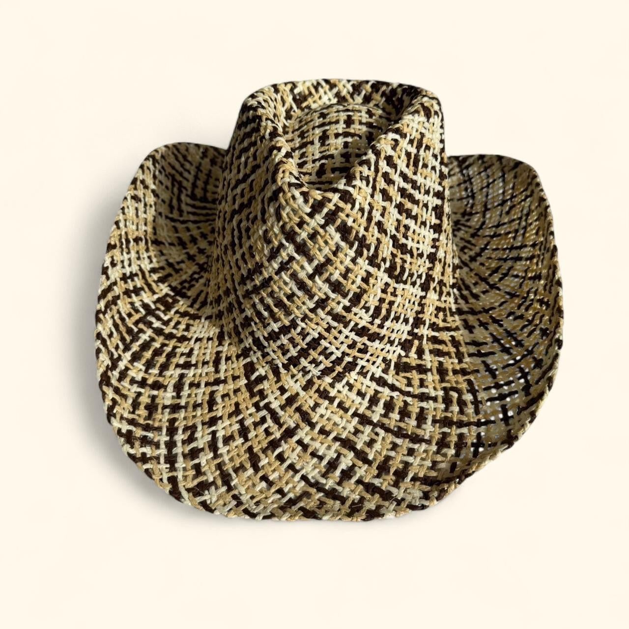 Woven Raffia Cowboy Hat in Cream and Brown