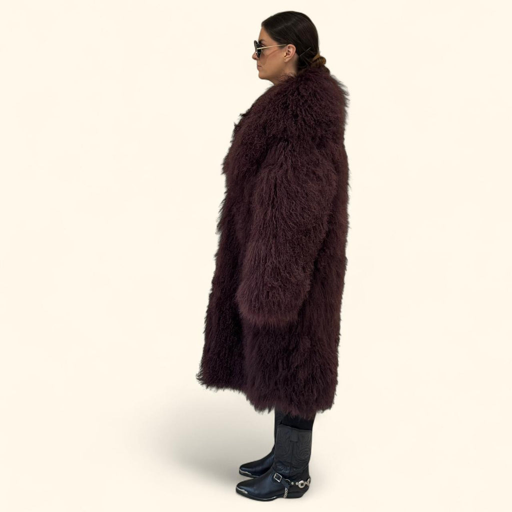 Mongolian Long Skijor Coat in Cherry