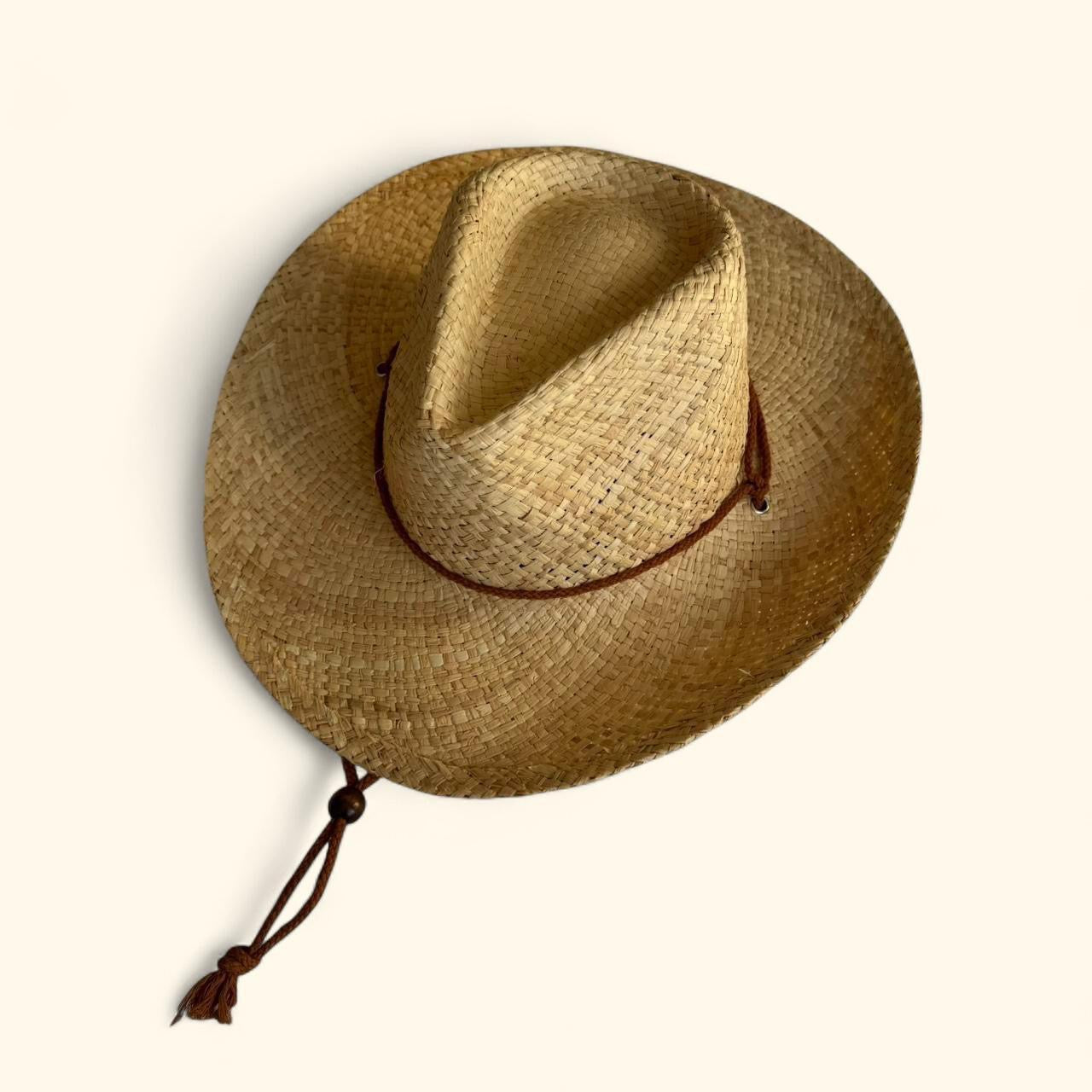 Straw Cowboy Hat with Strap in Cream and Brown